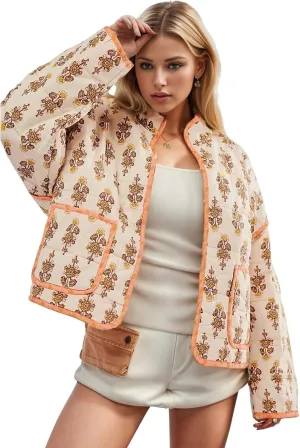 Womens Cropped Quilted Lightweight Jackets Floral Printed Open Front Puffer Coat Cardigan