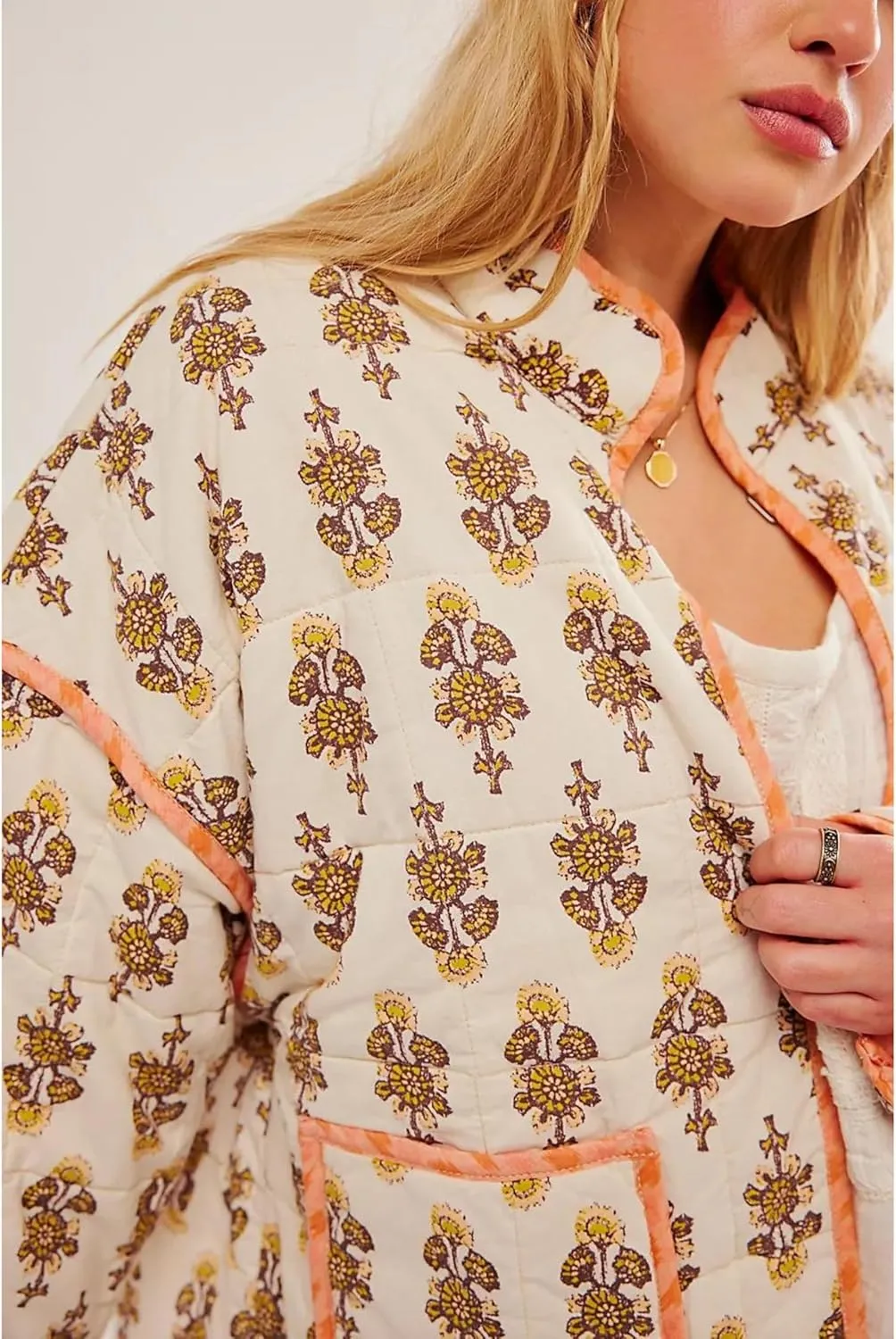 Womens Cropped Quilted Lightweight Jackets Floral Printed Open Front Puffer Coat Cardigan
