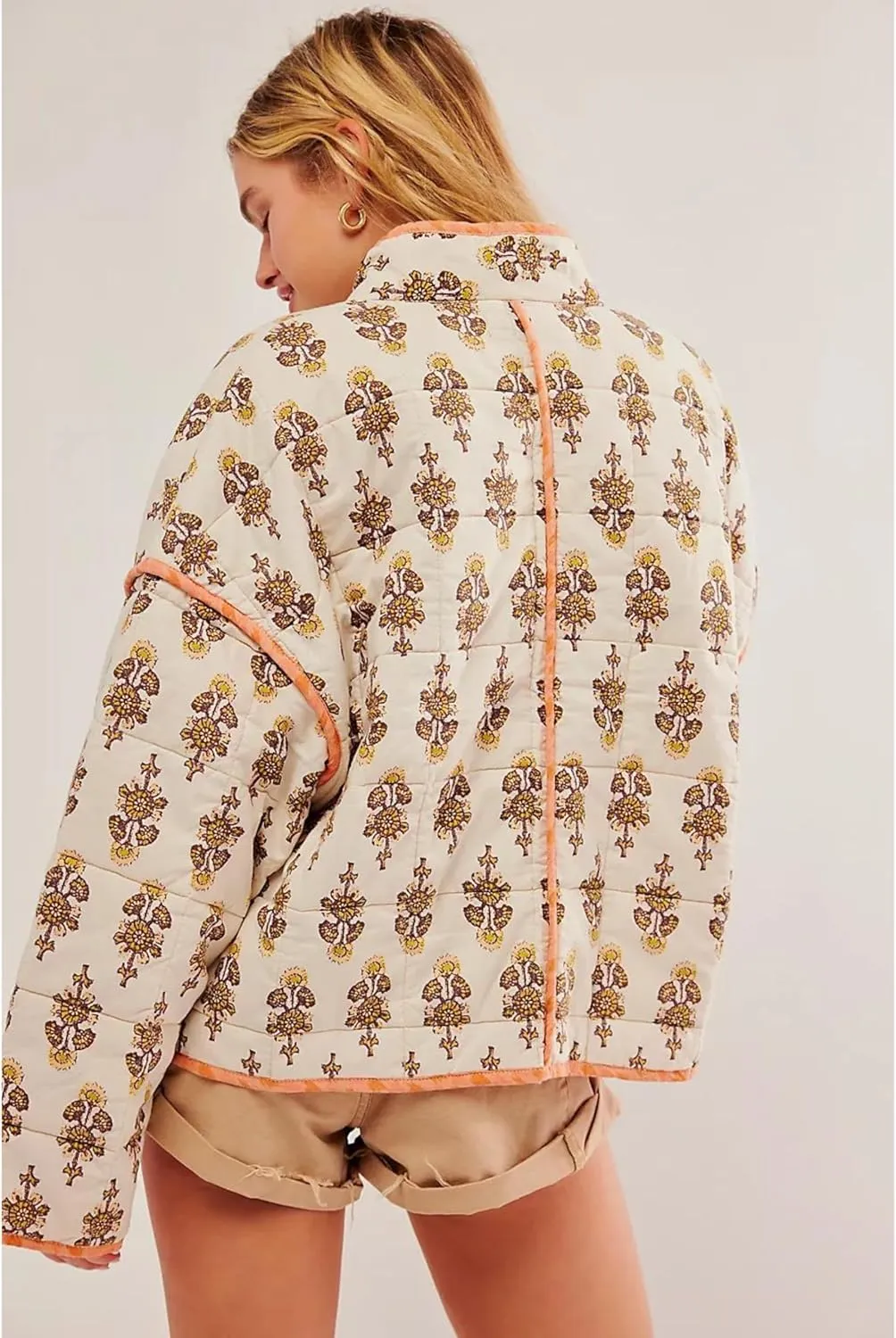 Womens Cropped Quilted Lightweight Jackets Floral Printed Open Front Puffer Coat Cardigan