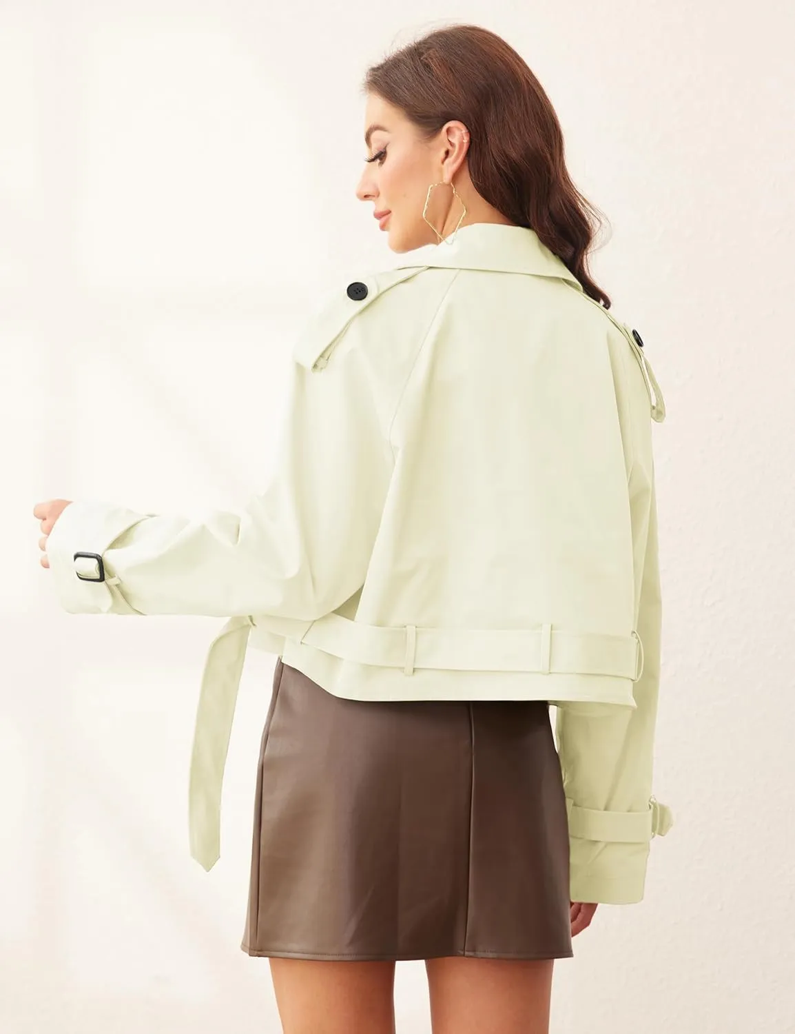 Womens Cropped Trench Coat Double Breasted Long Sleeve Casual Jacket Coats with Belt