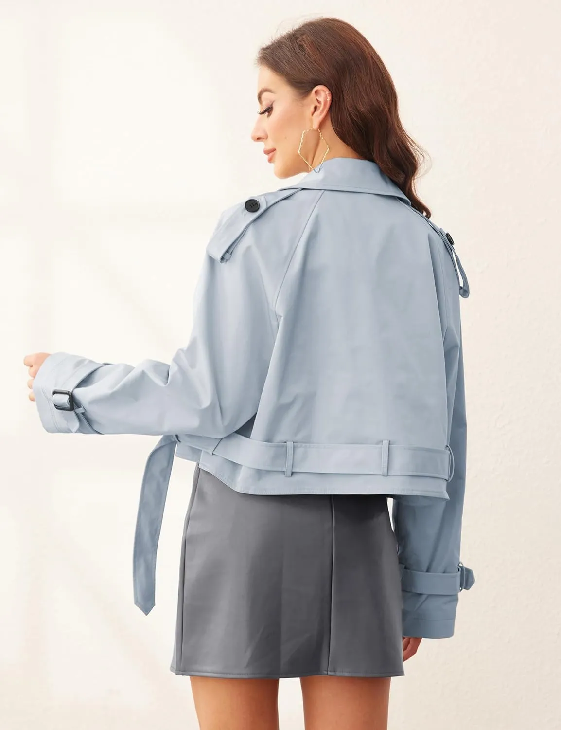 Womens Cropped Trench Coat Double Breasted Long Sleeve Casual Jacket Coats with Belt