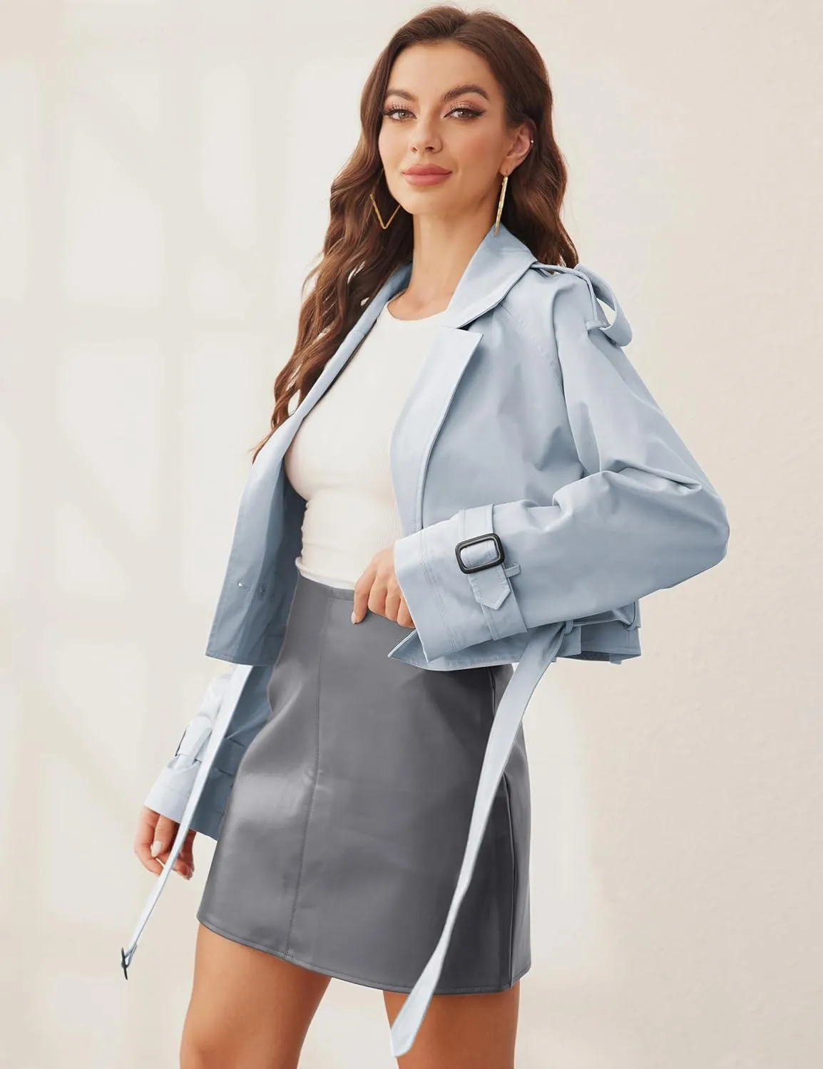 Womens Cropped Trench Coat Double Breasted Long Sleeve Casual Jacket Coats with Belt