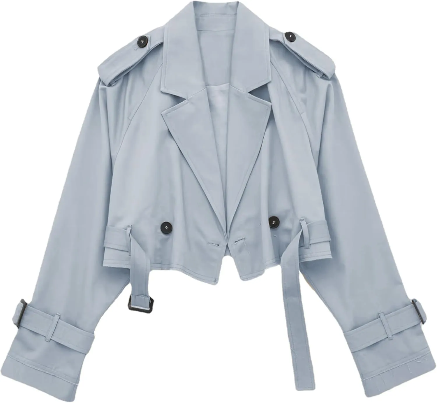 Womens Cropped Trench Coat Double Breasted Long Sleeve Casual Jacket Coats with Belt