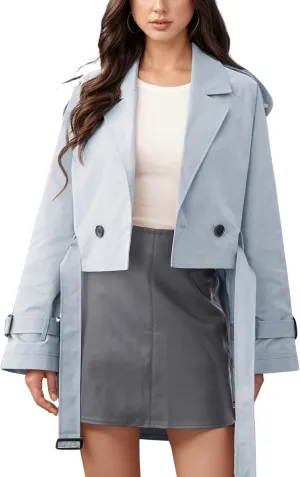 Womens Cropped Trench Coat Double Breasted Long Sleeve Casual Jacket Coats with Belt