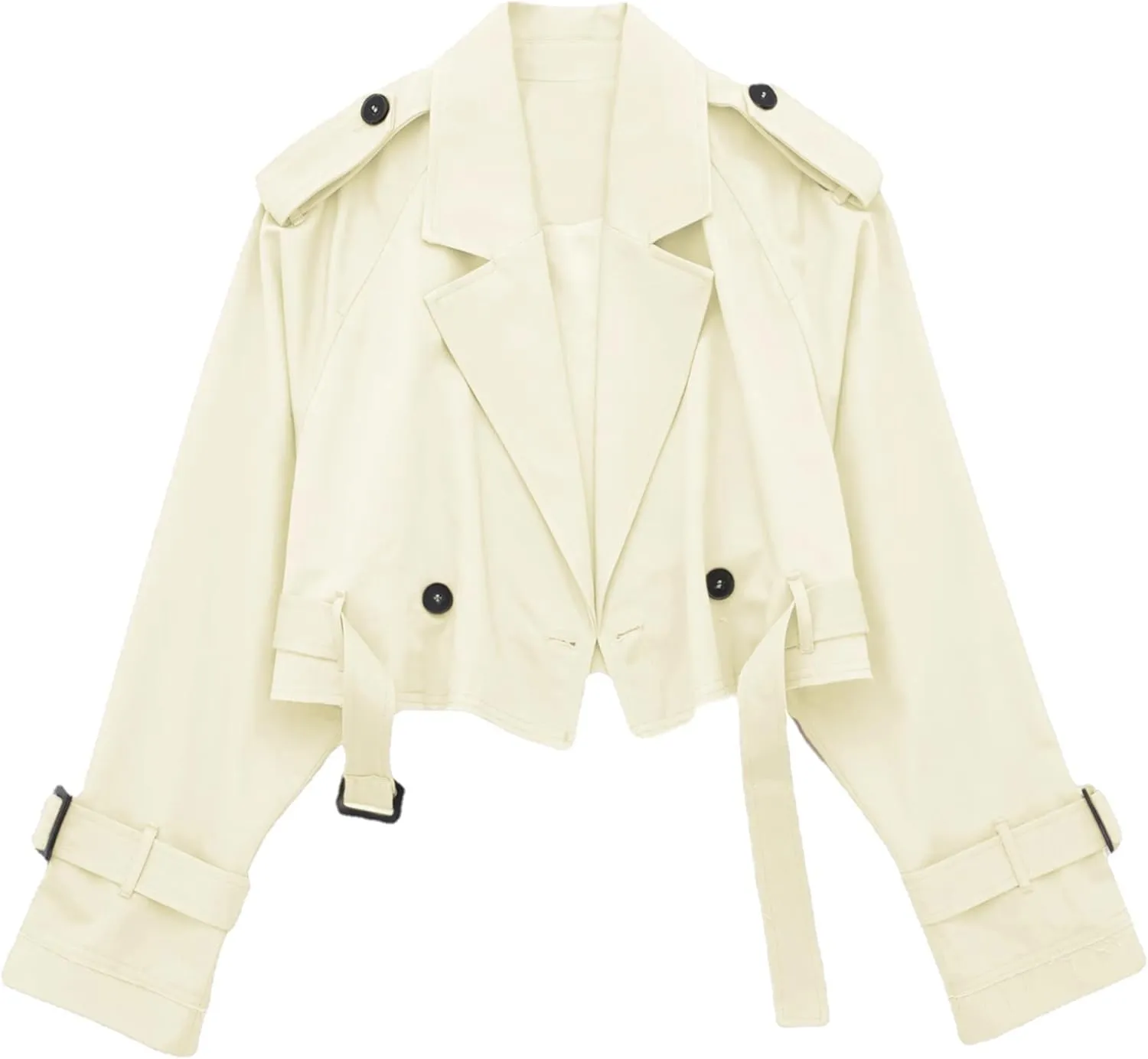 Womens Cropped Trench Coat Double Breasted Long Sleeve Casual Jacket Coats with Belt