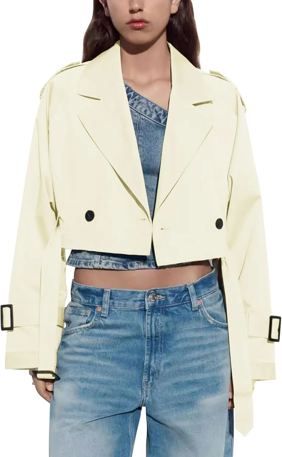 Womens Cropped Trench Coat Double Breasted Long Sleeve Casual Jacket Coats with Belt