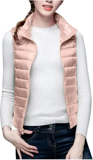 Womens Down Vest Coat Quilted Sleeveless Puffer Jacket Winter Warm Slim Fit Cotton-Padded Waistcoat Solid Color Gilet