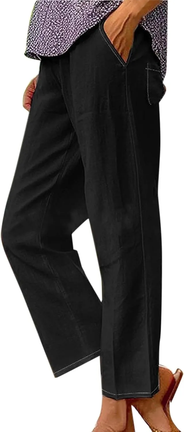 Womens Drawstring Casual Pant Cotton-Linen Loose Wide Leg Trousers Lightweight Summer Pants with Pockets