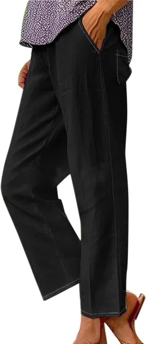 Womens Drawstring Casual Pant Cotton-Linen Loose Wide Leg Trousers Lightweight Summer Pants with Pockets