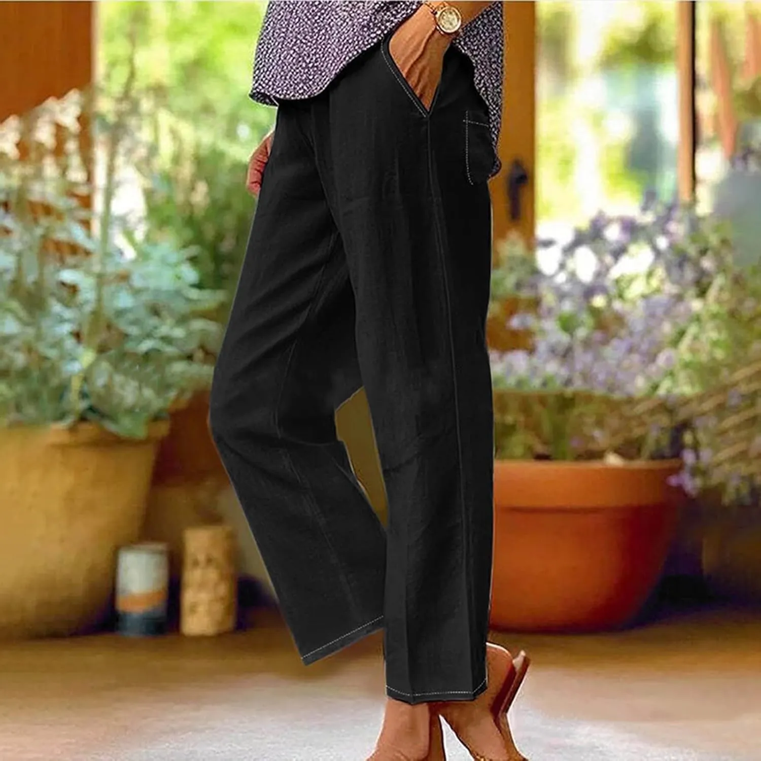 Womens Drawstring Casual Pant Cotton-Linen Loose Wide Leg Trousers Lightweight Summer Pants with Pockets