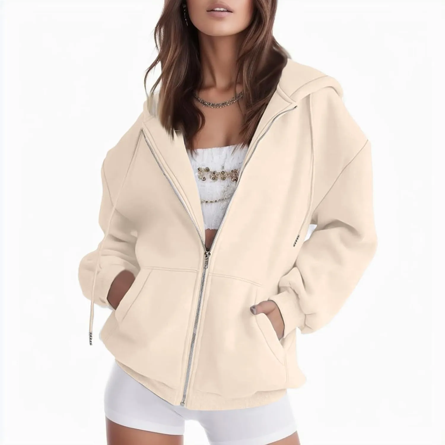 Women's Drawstring Zip Up Cute Hoodies Fall Jacket Oversized Casual Sweatshirts with Pocket 2025 Trendy