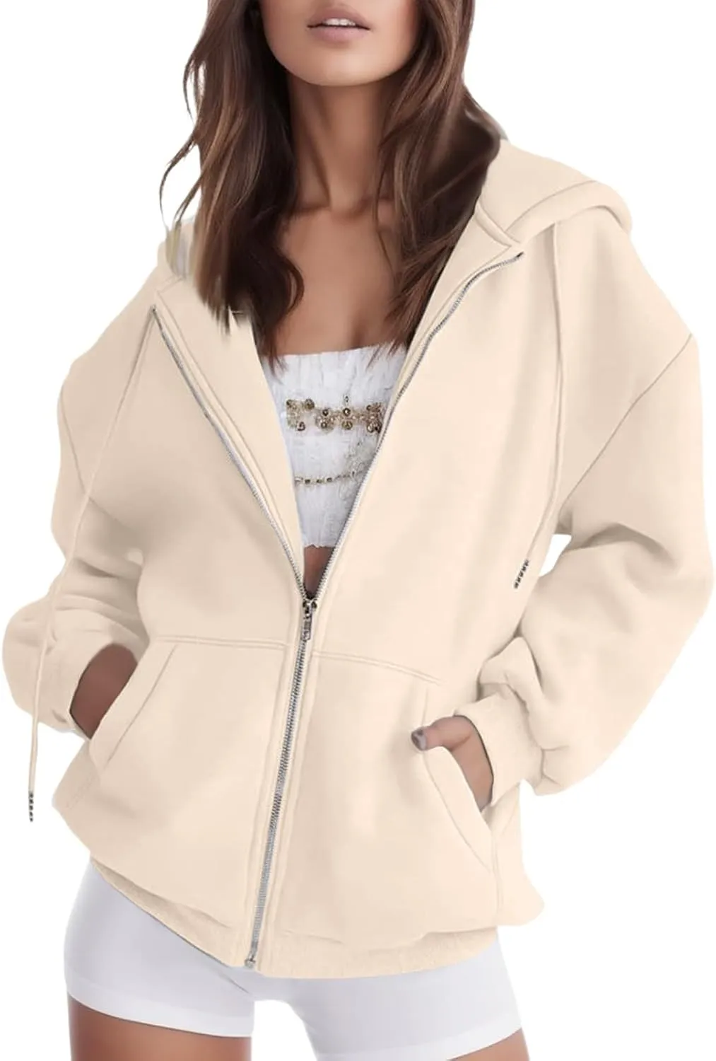 Women's Drawstring Zip Up Cute Hoodies Fall Jacket Oversized Casual Sweatshirts with Pocket 2025 Trendy