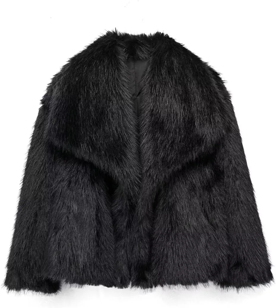 Womens Faux Fur Jackets Long Sleeve Open Front Fluffy Coats Winter Fluffy Faux Fur Coats Casual Loose Lapel Coat