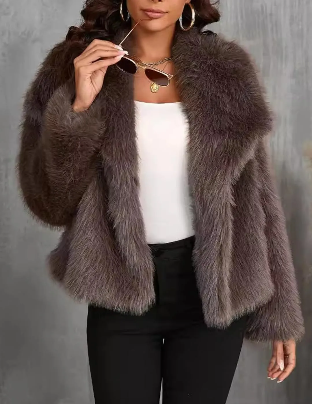 Womens Faux Fur Jackets Long Sleeve Open Front Fluffy Coats Winter Fluffy Faux Fur Coats Casual Loose Lapel Coat