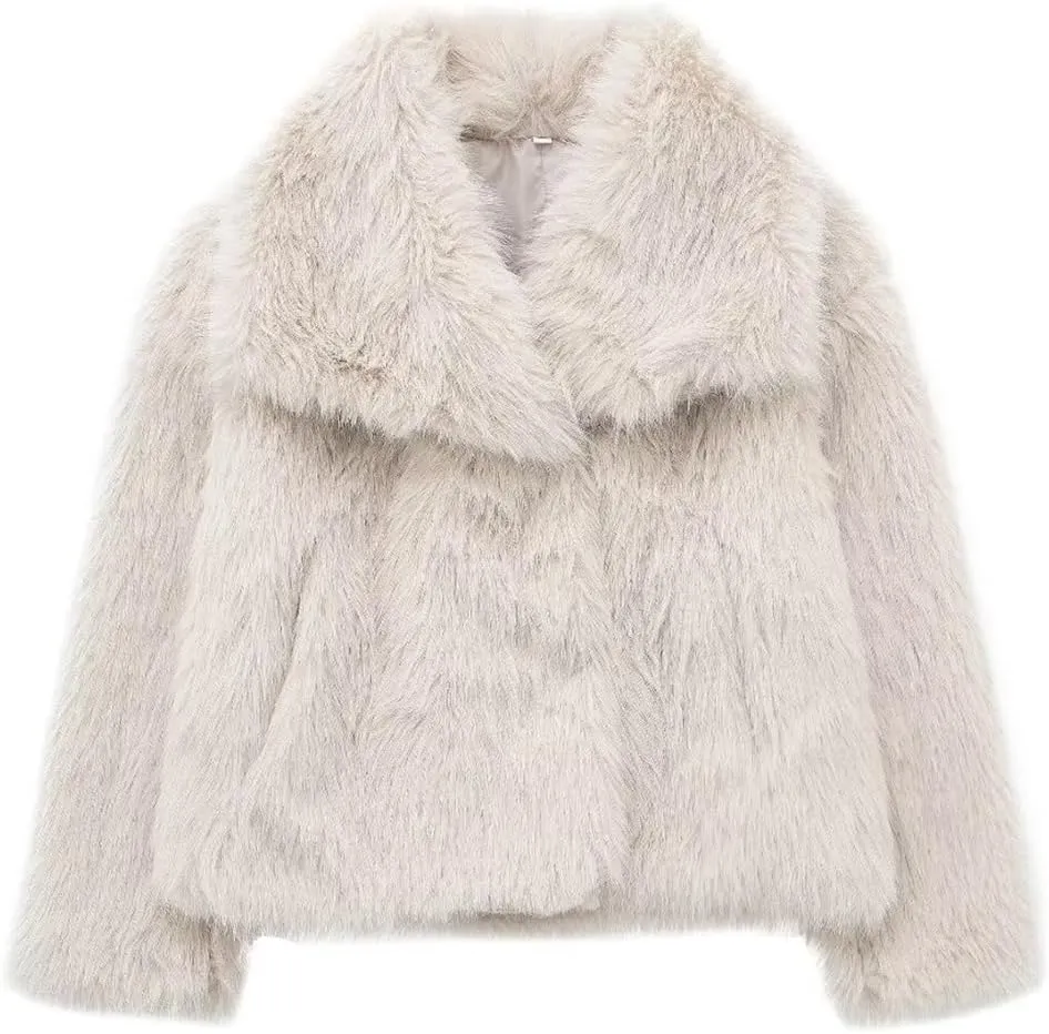 Womens Faux Fur Jackets Long Sleeve Open Front Fluffy Coats Winter Fluffy Faux Fur Coats Casual Loose Lapel Coat