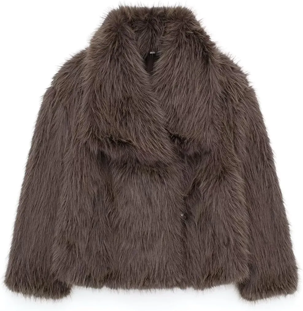 Womens Faux Fur Jackets Long Sleeve Open Front Fluffy Coats Winter Fluffy Faux Fur Coats Casual Loose Lapel Coat