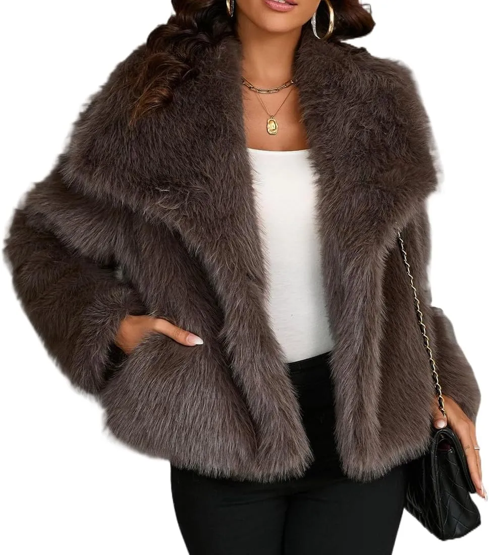 Womens Faux Fur Jackets Long Sleeve Open Front Fluffy Coats Winter Fluffy Faux Fur Coats Casual Loose Lapel Coat