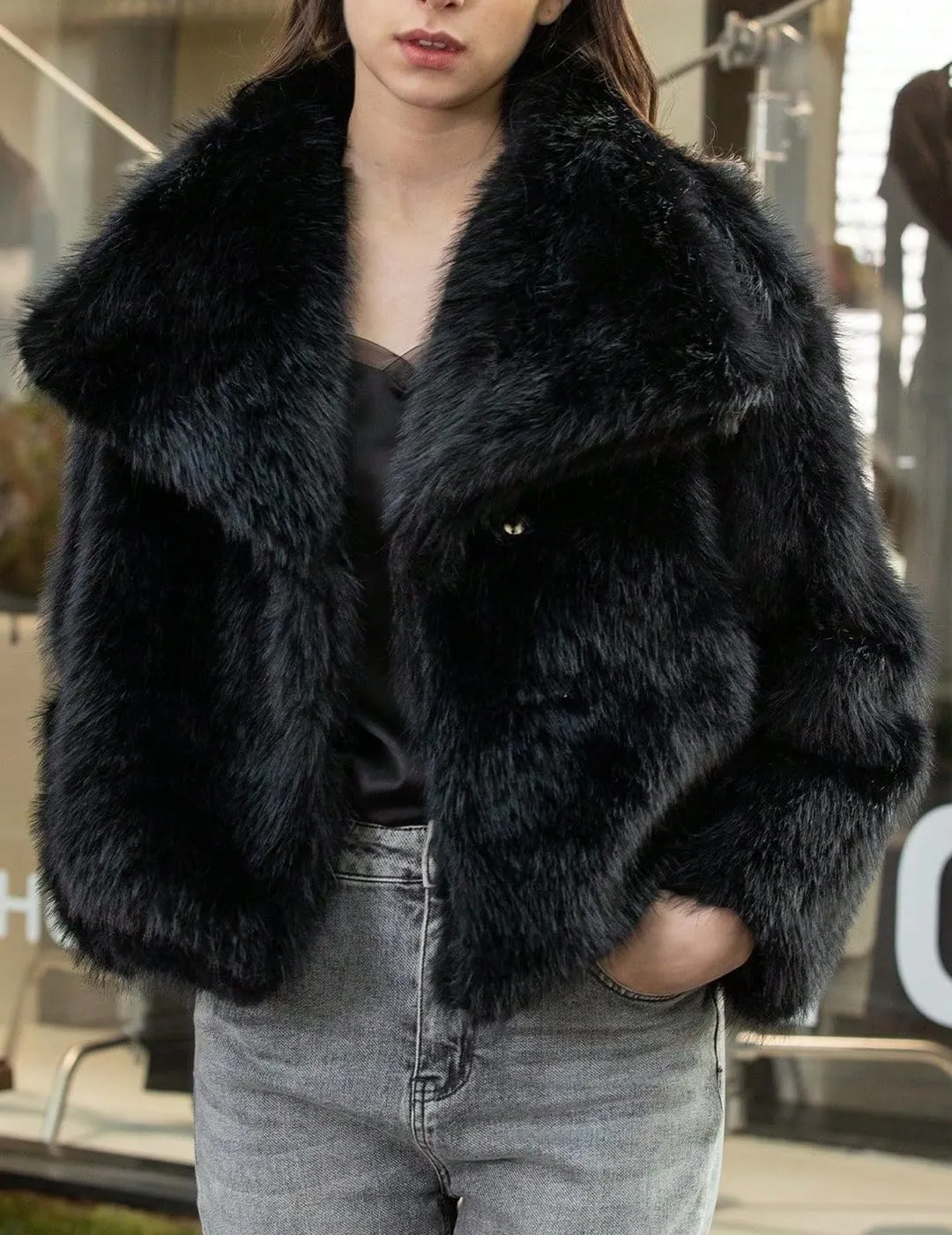Womens Faux Fur Jackets Long Sleeve Open Front Fluffy Coats Winter Fluffy Faux Fur Coats Casual Loose Lapel Coat