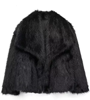 Womens Faux Fur Jackets Long Sleeve Open Front Fluffy Coats Winter Fluffy Faux Fur Coats Casual Loose Lapel Coat