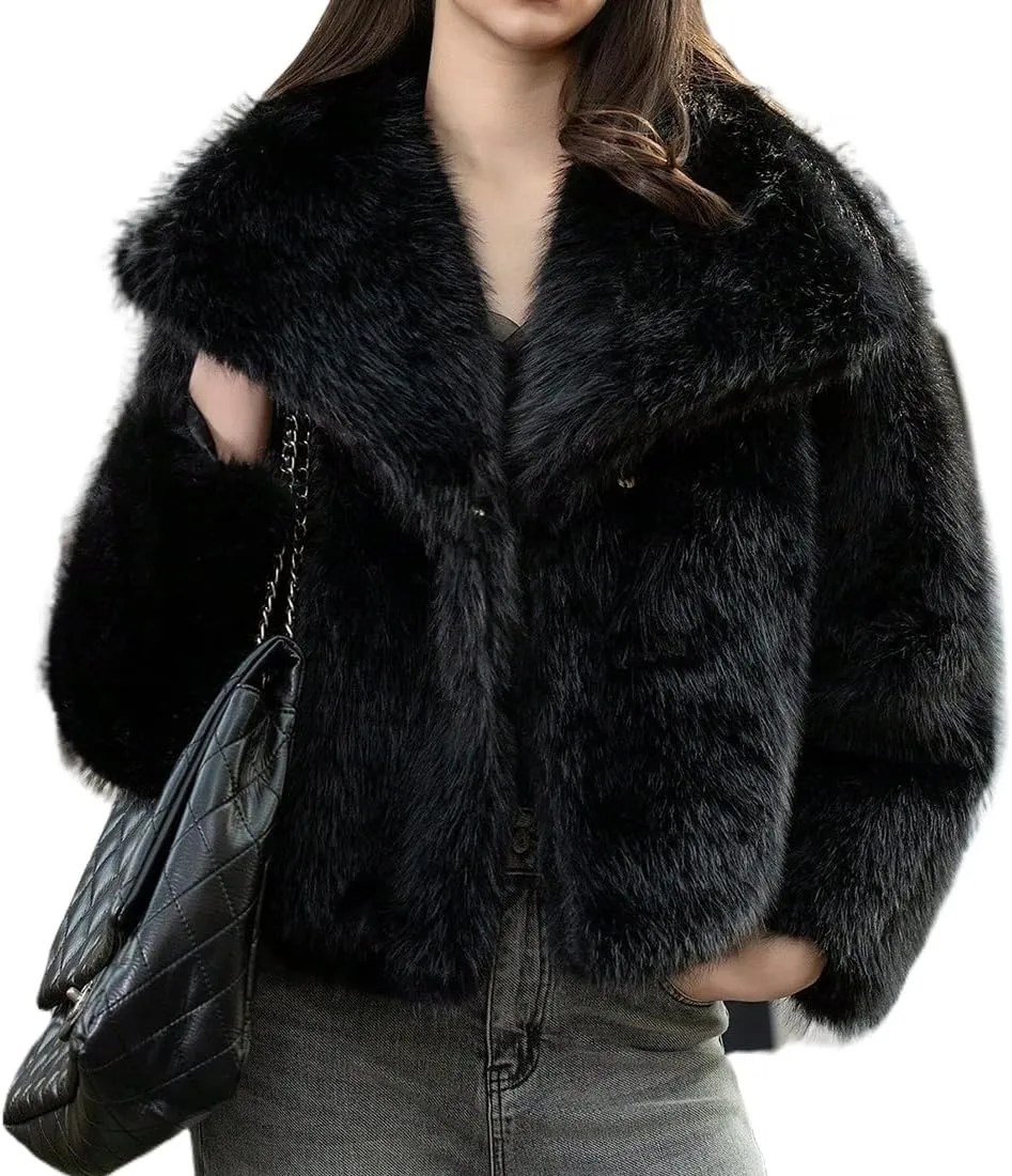 Womens Faux Fur Jackets Long Sleeve Open Front Fluffy Coats Winter Fluffy Faux Fur Coats Casual Loose Lapel Coat