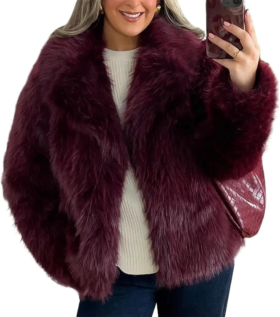 Womens Faux Fur Jackets Long Sleeve Open Front Fluffy Coats Winter Fluffy Faux Fur Coats Casual Loose Lapel Coat