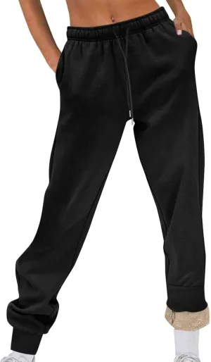 Womens Fleece Sweatpants Elastic High Waist Joggers Pants Active Running Pants Drawstring Baggy Lounge Trousers