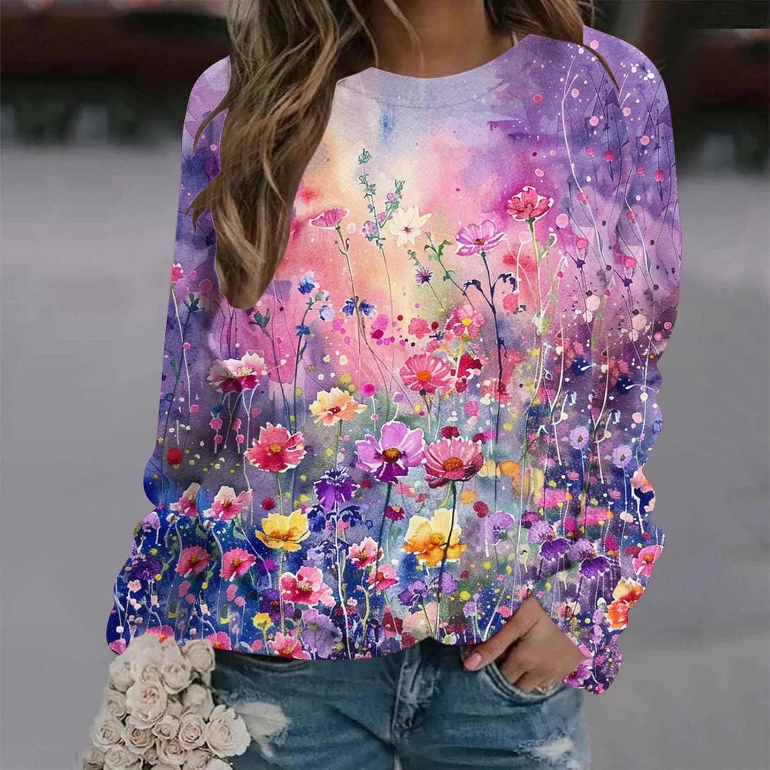 Womens Floral Shirts Long Sleeve Crewneck Sweatshirt Comfy Casual Trendy Fall Outfits Loose Fit Tunic Cute Tops