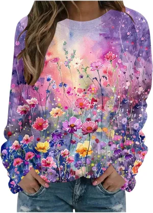 Womens Floral Shirts Long Sleeve Crewneck Sweatshirt Comfy Casual Trendy Fall Outfits Loose Fit Tunic Cute Tops