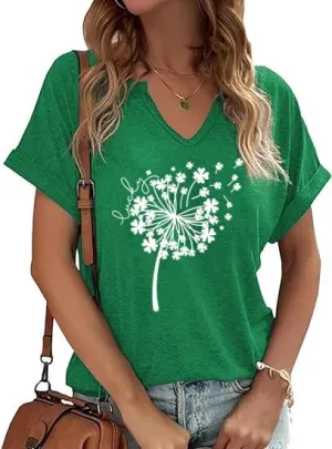 Women's Floral T-Shirts V-Neck Dandelion Sun Flower Graphic Casual Tee Boho Tops Cute Wildflowers Shirts