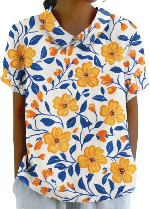 Womens Floral Tshirt Shirts Boho Summer Tops Short Sleeve Collared Fashion Linen Cotton Blouses Graphic Tees