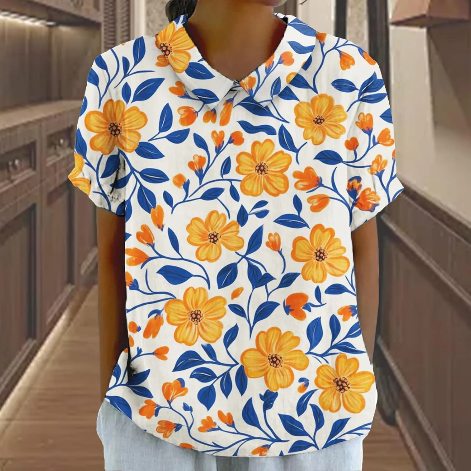 Womens Floral Tshirt Shirts Boho Summer Tops Short Sleeve Collared Fashion Linen Cotton Blouses Graphic Tees