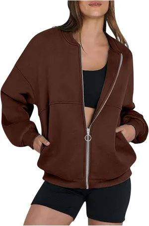 Womens Full Zip Up Sweatshirt Jackets Trendy 2024 Casual Long Sleeve Lightweight Sweatshirts Teen Girls Preppy Clothes