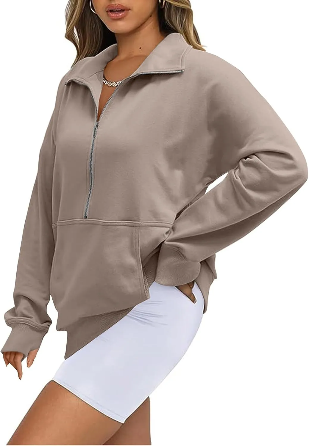 Womens Half Zip Pullover Cropped Oversized Sweatshirt Y2k Fleece Sweater Stand Collar Preppy Clothes with Thumb Holes