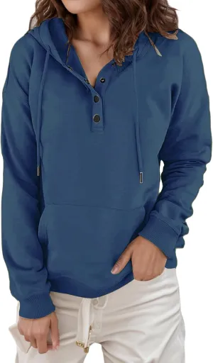 Women's Hoodies Button Down Oversize Hooded Sweatshirts Casual Long Sleeve Drawstring Pullover Tops with Pocket
