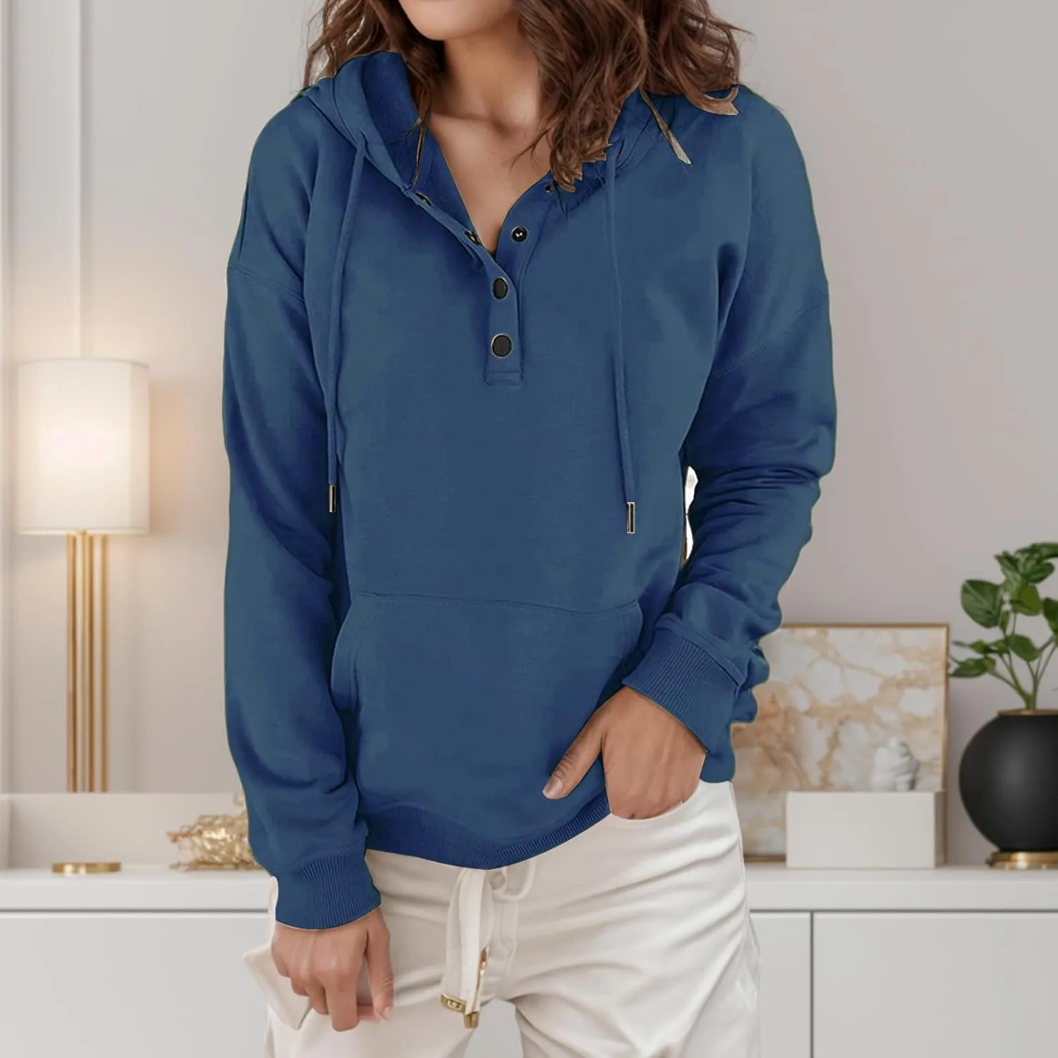 Women's Hoodies Button Down Oversize Hooded Sweatshirts Casual Long Sleeve Drawstring Pullover Tops with Pocket