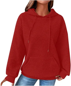 Womens Hoodies Fashion Solid Color Tops Long Sleeve Casual Loose Fitted Sweatshirt Pocket Drawstring Pullover