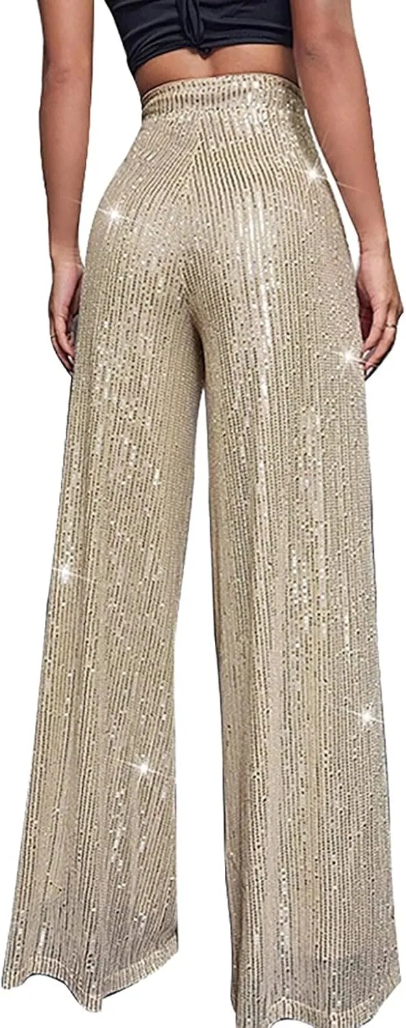 Women's Joggers Pants Pockets Women's High Waisted Sequin Loose Drape Wide Leg Pants Fashion Party Flared Trousers