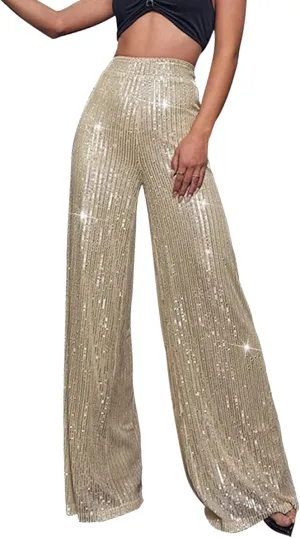 Women's Joggers Pants Pockets Women's High Waisted Sequin Loose Drape Wide Leg Pants Fashion Party Flared Trousers