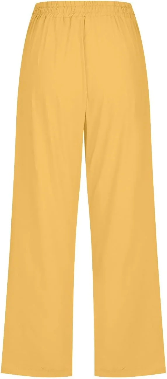 Womens Linen Capri Pants Summer Casual Drawstring Elastic Wasit Cropped Pants Loose Wide Leg Beach Palazzo W/Pockets