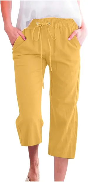 Womens Linen Capri Pants Summer Casual Drawstring Elastic Wasit Cropped Pants Loose Wide Leg Beach Palazzo W/Pockets