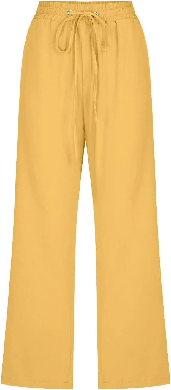 Womens Linen Capri Pants Summer Casual Drawstring Elastic Wasit Cropped Pants Loose Wide Leg Beach Palazzo W/Pockets