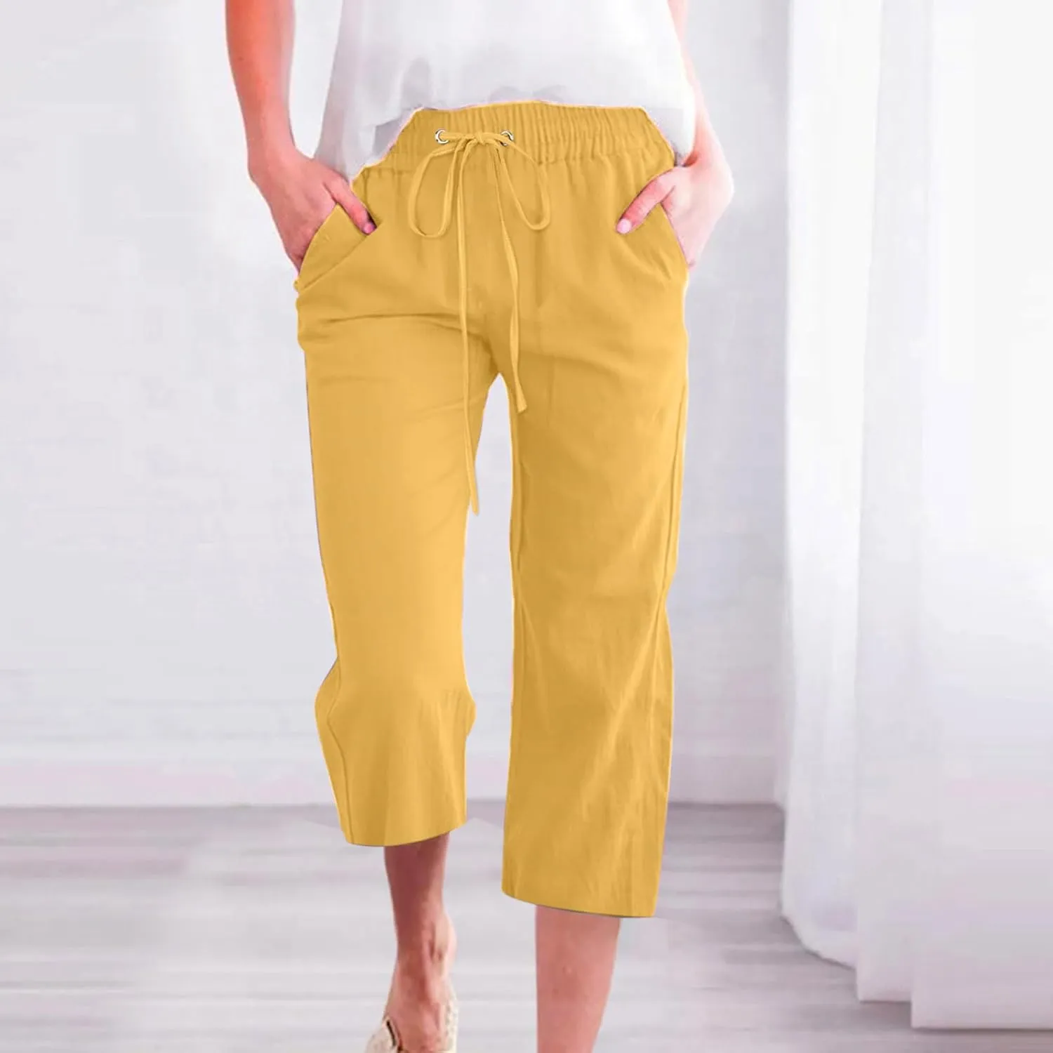 Womens Linen Capri Pants Summer Casual Drawstring Elastic Wasit Cropped Pants Loose Wide Leg Beach Palazzo W/Pockets