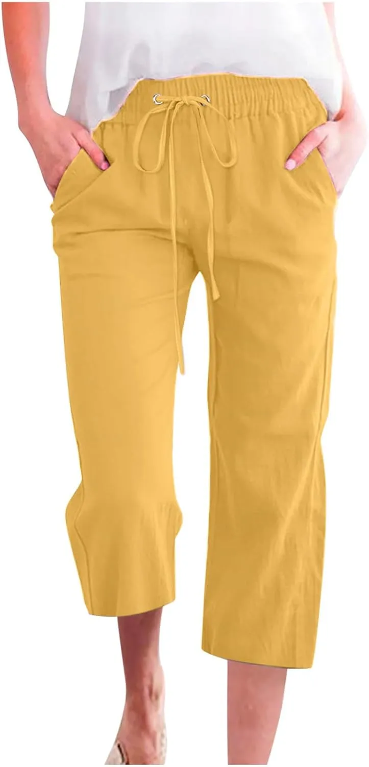 Womens Linen Capri Pants Summer Casual Drawstring Elastic Wasit Cropped Pants Loose Wide Leg Beach Palazzo W/Pockets