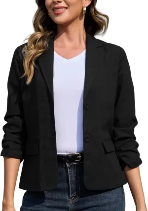 Women's Linen Jacket Blazer 3/4 Ruched Sleeves Lightweight Button Lapel 2025 Casual Slim Spring Summer Jackets