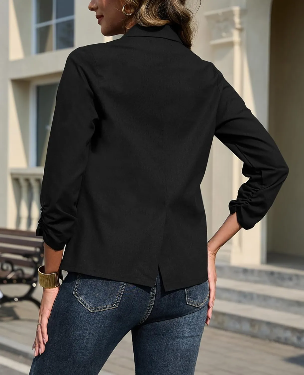 Women's Linen Jacket Blazer 3/4 Ruched Sleeves Lightweight Button Lapel 2025 Casual Slim Spring Summer Jackets