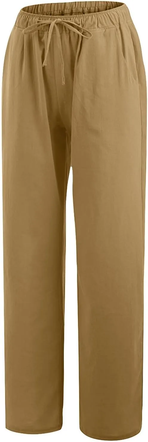 Women's Linen Palazzo Pants Casual Drawstring Elastic Waist Trousers Loose Fit Cotton Blend Loose Athletic Pants