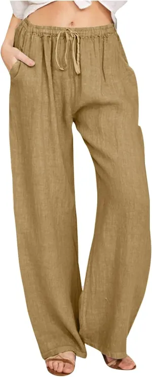 Women's Linen Palazzo Pants Casual Drawstring Elastic Waist Trousers Loose Fit Cotton Blend Loose Athletic Pants