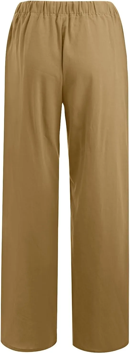 Women's Linen Palazzo Pants Casual Drawstring Elastic Waist Trousers Loose Fit Cotton Blend Loose Athletic Pants