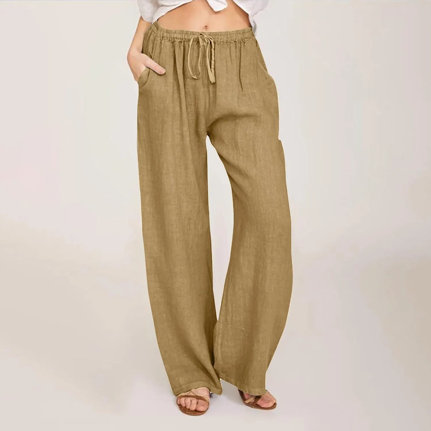Women's Linen Palazzo Pants Casual Drawstring Elastic Waist Trousers Loose Fit Cotton Blend Loose Athletic Pants