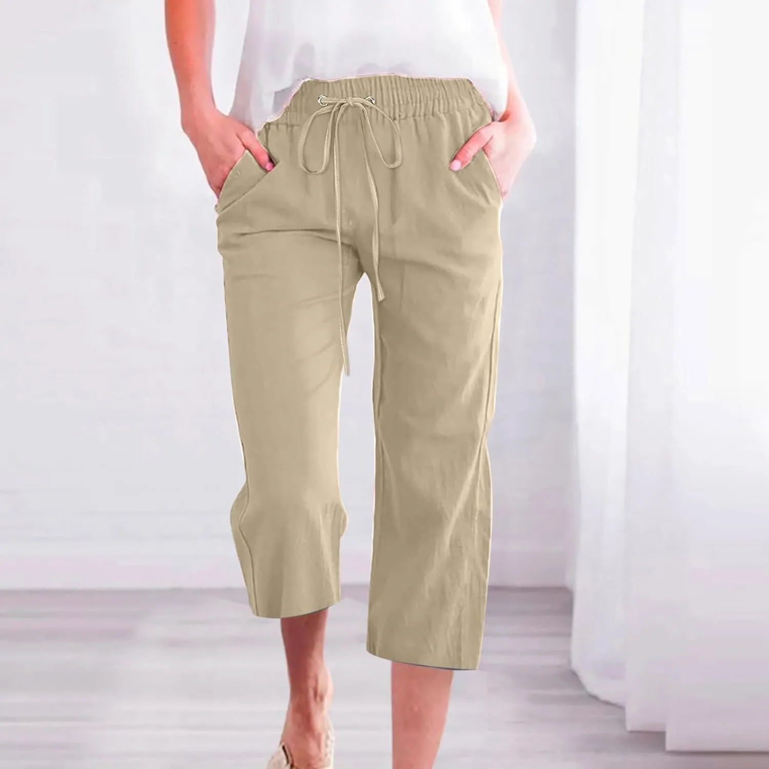 Women's Linen Pants Drawstring Elastic High Waist Capri Pants Summer Casual Wide Leg Plus Size Trousers with Pocket